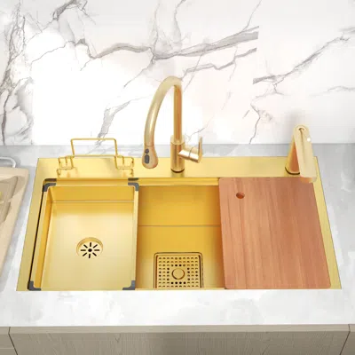 Homary 31.5" Gold Drop-in Workstation Kitchen Sink With Accessories Single Bowl Stainless Steel