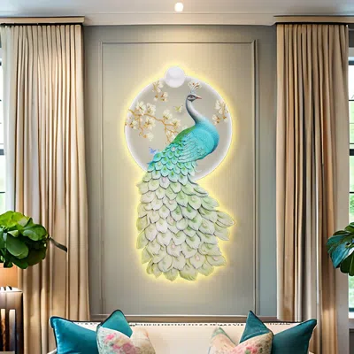 Homary 31.5" Led Acrylic Peacock Wall Art Modern Abstract Geometric Decor Usb Charging In Multi