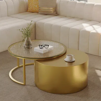 Homary 31.5" Modern Nesting Round Coffee Table Set With Glass Top And Gold Finish For Living Room
