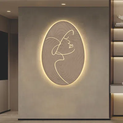 Homary 31.5" Oval Led Abstract Wall Art Modern Woman Face Sculpture Decor Living Room Bedroom In White
