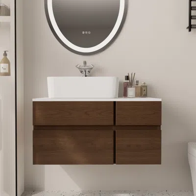 Homary 31.5" Walnut Floating Bathroom Vanity Left Offset Ceramic Vessel Sink In Brown