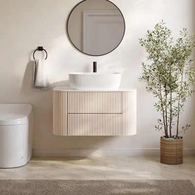Homary 31.5" Whitewash Fluted Bathroom Vanity With Vessel Sink – Wall-mounted Floating Design In Brown