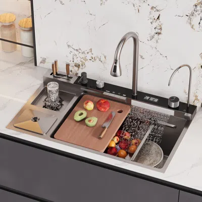 Homary 32" Black Drop-in Workstation Kitchen Sink With Faucet Single Bowl Stainless Steel