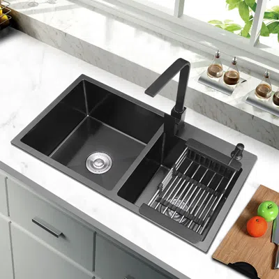 Homary 32" Black Stainless Steel Kitchen Sink Double Bowls Bar Sink Drop-in Sink With Drain And Overflow
