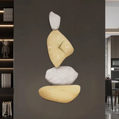 Homary 32" Large Stone Shape Japandi Wall Clock Unique Irregular Home Decor Art Living Room In Brown