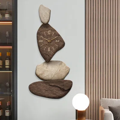 Homary 32" Large Stone Shape Japandi Wall Clock Unique Irregular Home Decor Art Living Room In Brown