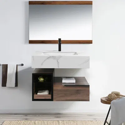 Homary 32" Wall-mounted Bathroom Vanity Faux Marble Top With 2 Shelves & 1 Drawer In Brown