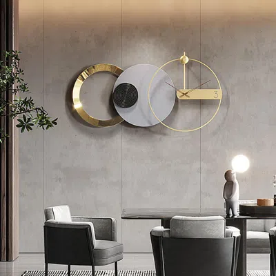 Homary 33" X 18" Large Round Gray & Gold Wall Clock With Wood Pointer Modern Home Decor Art In Black