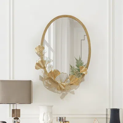 Homary 33.9" Glam Oval Wall Mirror Hollow-out Ginkgo Leaves In Gold Metal Frame For Bedroom