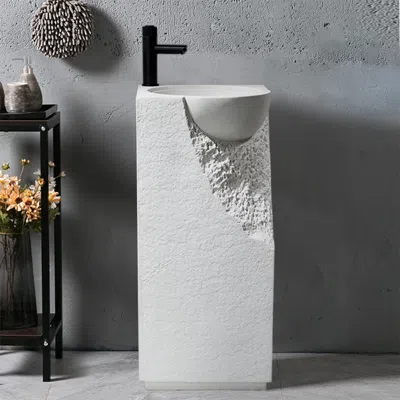 Homary 34" Japandi Tall Stone Resin Pedestal Sink With Rounded Basin Freestanding In White