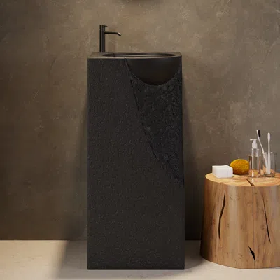 Homary 34" Tall Japandi Stone Resin Pedestal Bathroom Sink Farmhouse Freestanding Sink In Black