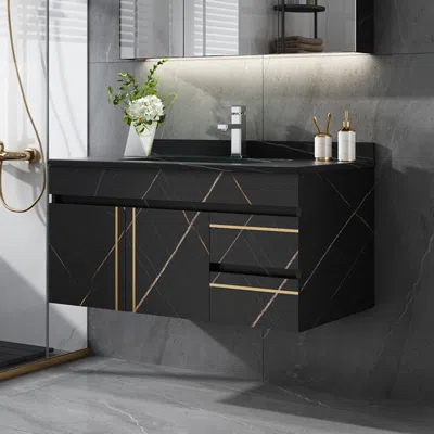 Homary 35" Floating Bathroom Vanity Faux Marble With Single Ceramic Sink Black