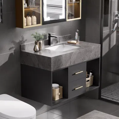 Homary 35" Floating Bathroom Vanity With Cultured Marble Vessel Sink With 2 Drawers Black & Gray