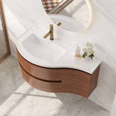 Homary 35" Floating Curved Bathroom Vanity Half-circle Bathroom Cabinet Walnut In Brown