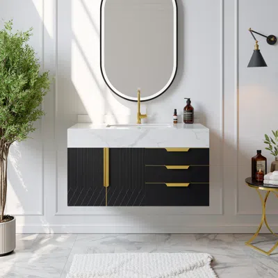 Homary 35.4" Bathroom Vanity Wall Mounted Cultured Marble Top With Single Sink & Drawers Black