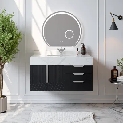 Homary 35.4" Bathroom Vanity Wall Mounted Cultured Marble Top With Single Sink & Drawers Black