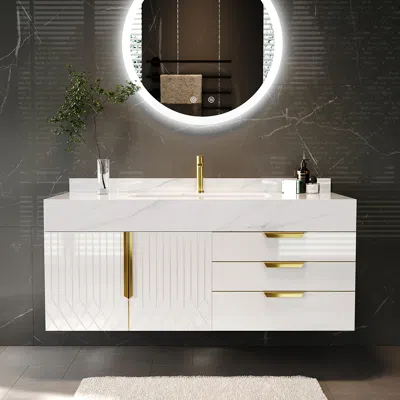 Homary 35.4" Bathroom Vanity Wall Mounted Cultured Marble Top With Single Sink & Drawers White
