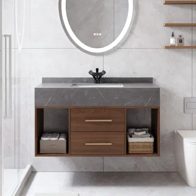Homary 35.4" Floating Bathroom Vanity Walnut With Cultured Marble Vessel Sink With 2 Drawers In Gray