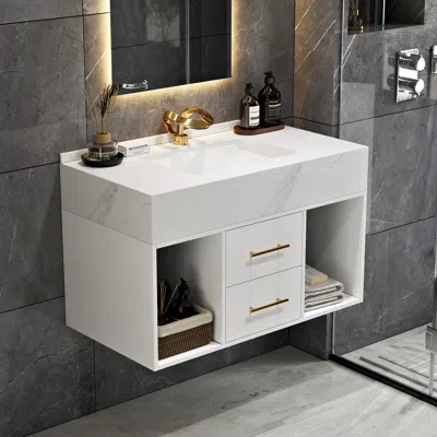 Homary 35.4" Floating Bathroom Vanity With Cultured Marble Vessel Sink With 2 Drawers In White