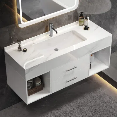 Homary 35.4" Floating Bathroom Vanity With Cultured Marble Vessel Sink With 2 Drawers In White