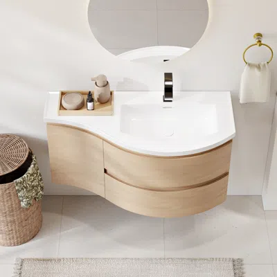 Homary 35.4" Floating Curved Bathroom Vanity Natural Right Offset Single Sink Bathroom Cabinet In Brown