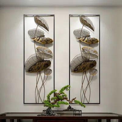 Homary 35.8" 2 Pieces Metal Lotus Leaves Wall Decor Set For Living Room With Black Frame In Multi