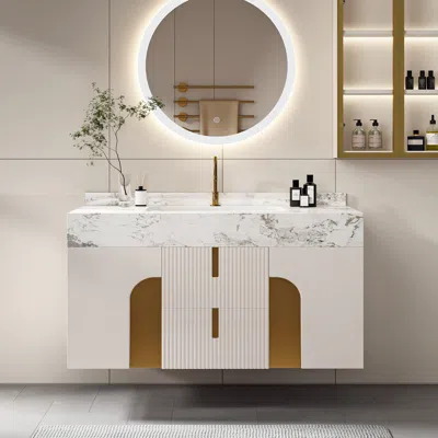 Homary 36" Bathroom Vanity Cultured Marble Wall Mounted With Ceramic Single Sink Modern Style Beige In White