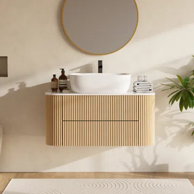 Homary 36" Floating Bathroom Vanity With Vessel Sink, Farmhouse Style, Fluted Design In Neutral