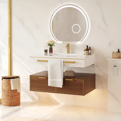 Homary 36" Wall-mounted Bathroom Vanity & 28" Led Bathroom Vanity Mirror Set In Brown