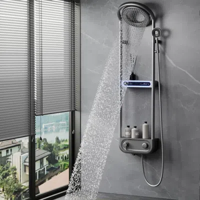 Homary 360° Rotating Thermostatic Shower System Set With Led Display And Storage Shelf In Gray
