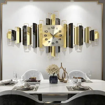 Homary 37.4" X 17.7" 3d Modern Metal Wall Clock Home Wall Decor In Black & Gold For Living Room In Multi