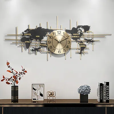 Homary 38" Modern Metal Large Map Wall Clock Decor Creative Silent Clocks Art For Living Room In Gold