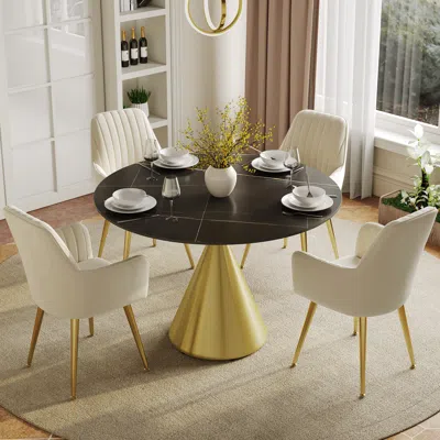 Homary 39" Black Faux Marble Round Dining Table With Glossy Gold Base For 4 People
