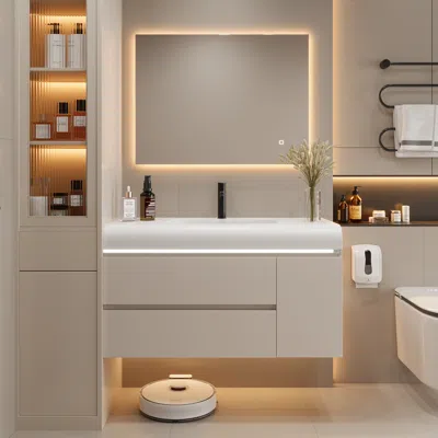 Homary 39" Curved Design Wall Mounted Bathroom Vanity With Ample Storages And Light White
