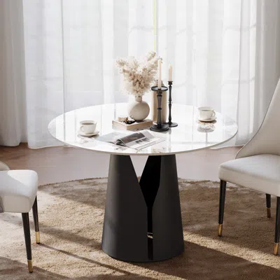 Homary 39" Faux Marble Round Dining Table With Carbon Steel Base For 4 People In Black