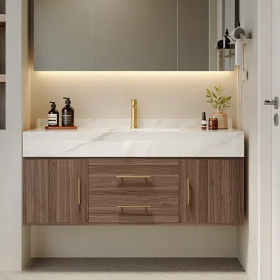 Homary 39" Floating Bathroom Vanity Set Wall Mounted Stone Countertop Washroom Medicine Cabinet Walnut With In Brown