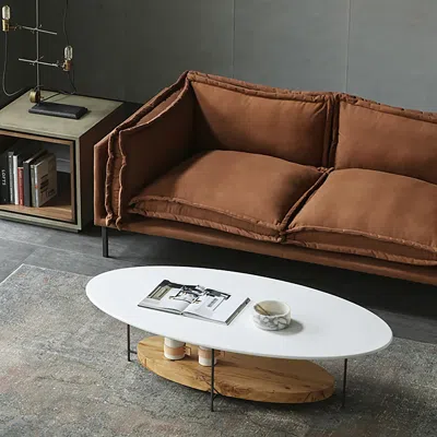 Homary 39" Modern White & Natural Oval Coffee Table With Storage Shelf Light Wood And Metal In Brown