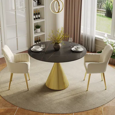 Homary 39" Pandora Faux Marble Round Dining Table Set With Glossy Gold Base For 2 People In Black