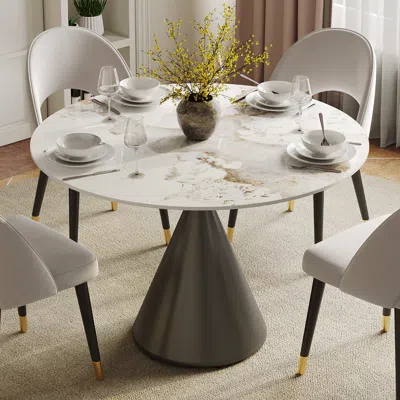 Homary 39" Pandora Faux Marble Round Dining Table With Glossy Black Base For 4 People In White