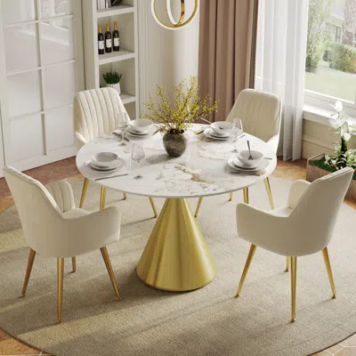 Homary 39" Pandora Faux Marble Round Dining Table With Glossy Gold Base For 4 People In White