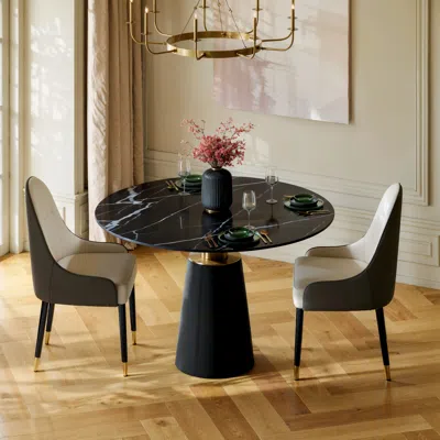 Homary 39" Sintered Stone Dining Table & 2 Chairs Set With Saddle Leather Base In Black