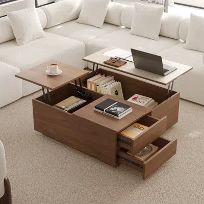 Homary 39" Square Lift-top Solid Wood Travertine Veneer Sintered Stone Top Coffee Table With Storage In Brown