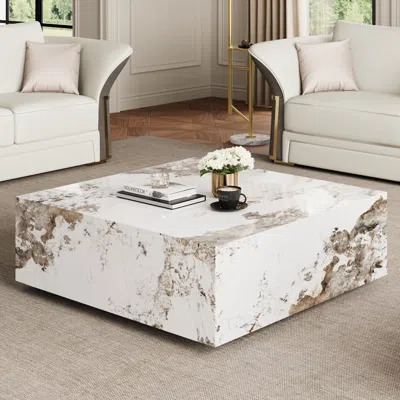 Homary 39" Square Sintered Stone Block Coffee Table With Storage Modern Off White Living Room Table