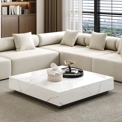 Homary 39" Square Sintered Stone Block Coffee Table With Wood Base In White