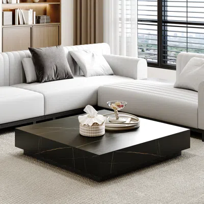 Homary 39" Square Sintered Stone Block Coffee Table With Wood Base In White