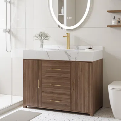 Homary 39.3" Floating Bathroom Vanity Cultured Marble Top Bathroom Cabinet Walnut With Sink In Brown