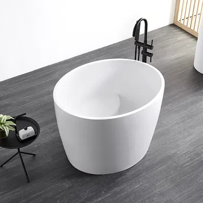 Homary 39.37" Modern Deep Oval Freestanding Matte White Stone Resin Soaking Bathtub