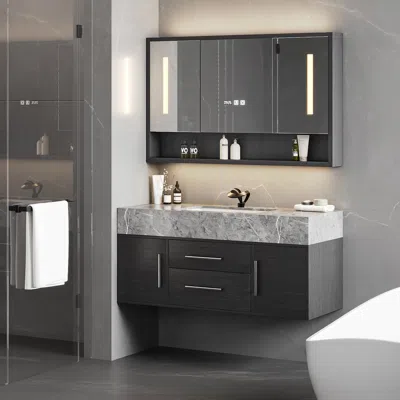 Homary 39.4" Black Floating Bathroom Vanity Set With Led Medicine Cabinet