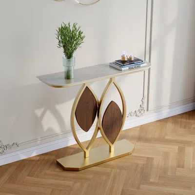 Homary 39.4" Console Table Wooden Accent Table For Entryway With Matte Travertine Top & Abstract Base In Ro In Gold
