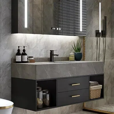 Homary 39.4" Floating Bathroom Vanity Black With Cultured Marble Vessel Sink With 2 Drawers